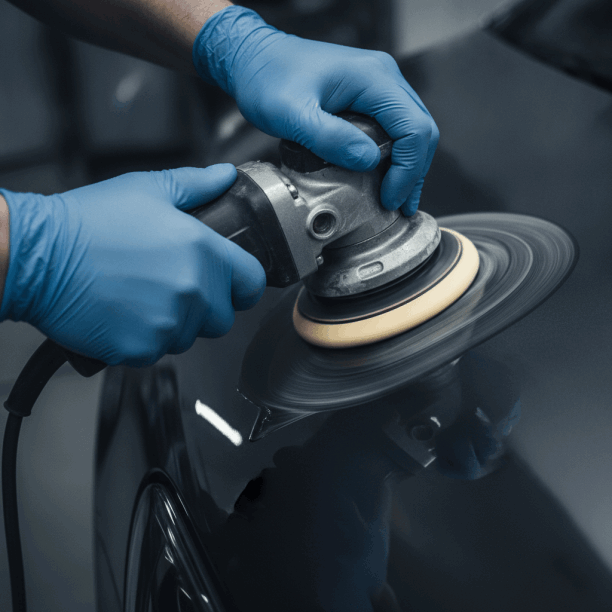 Mains de detailer professionnel appliquant technique de polissage avec machine sur carrosserie automobile
