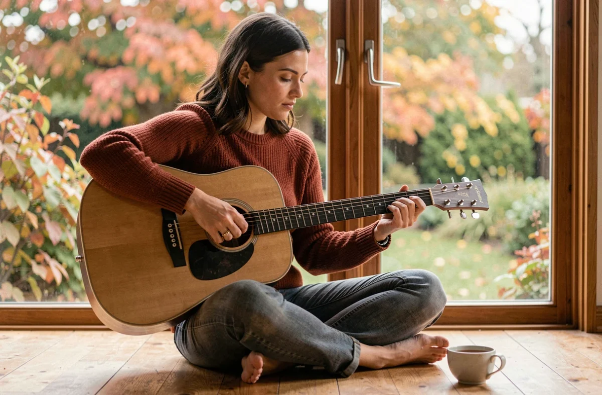 Femme pratiquant le fingerstyle guitare avec un accord Gm alternatif près d'une fenêtre donnant sur un jardin automnal