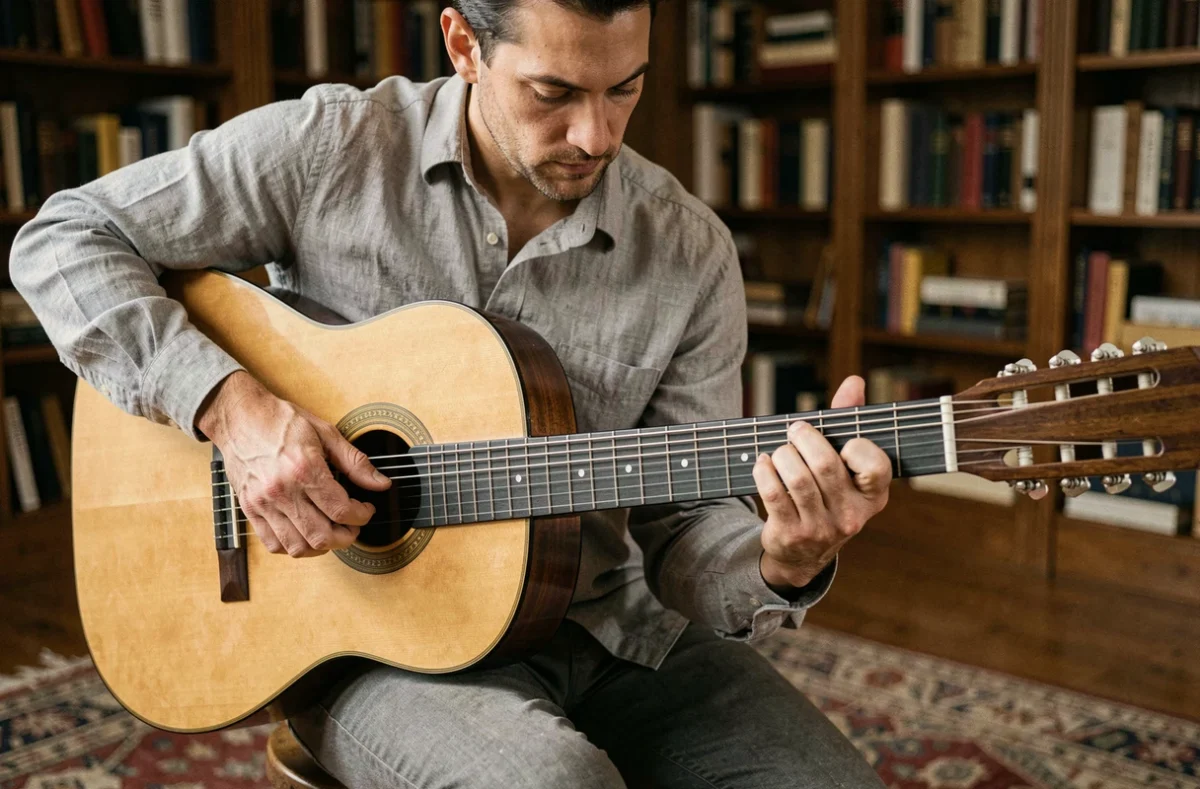 Guitariste jouant un accord Gm en fingerstyle sur une guitare classique dans un studio maison chaleureux