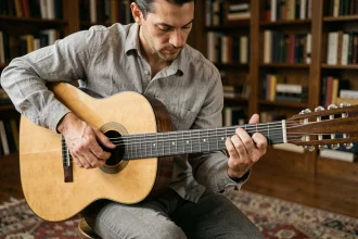 Guitariste jouant un accord Gm en fingerstyle sur une guitare classique dans un studio maison chaleureux