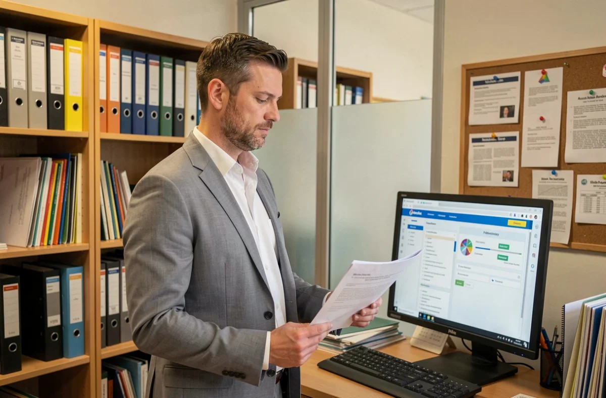 Administrateur de lycée privé consultant le tableau de bord du portail ENT Île-de-France dans son bureau