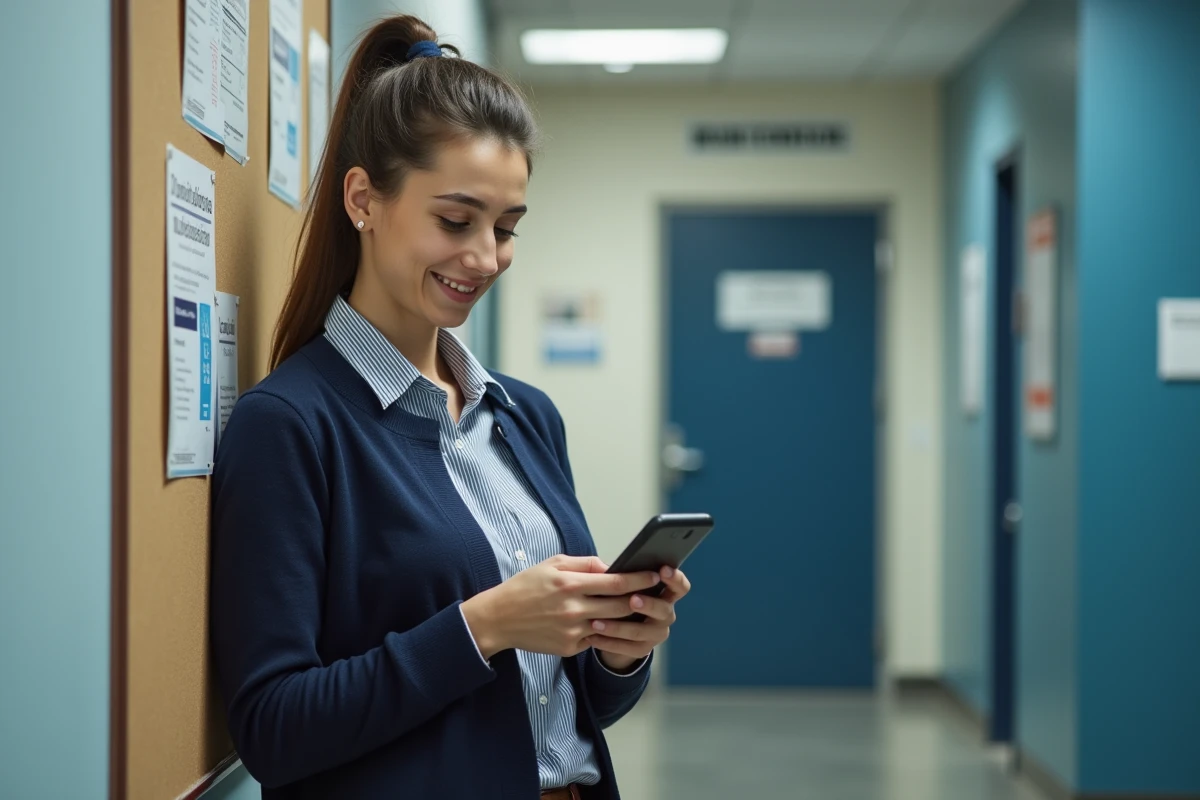 Jeune femme administratrice vérifiant message sur smartphone dans le couloir