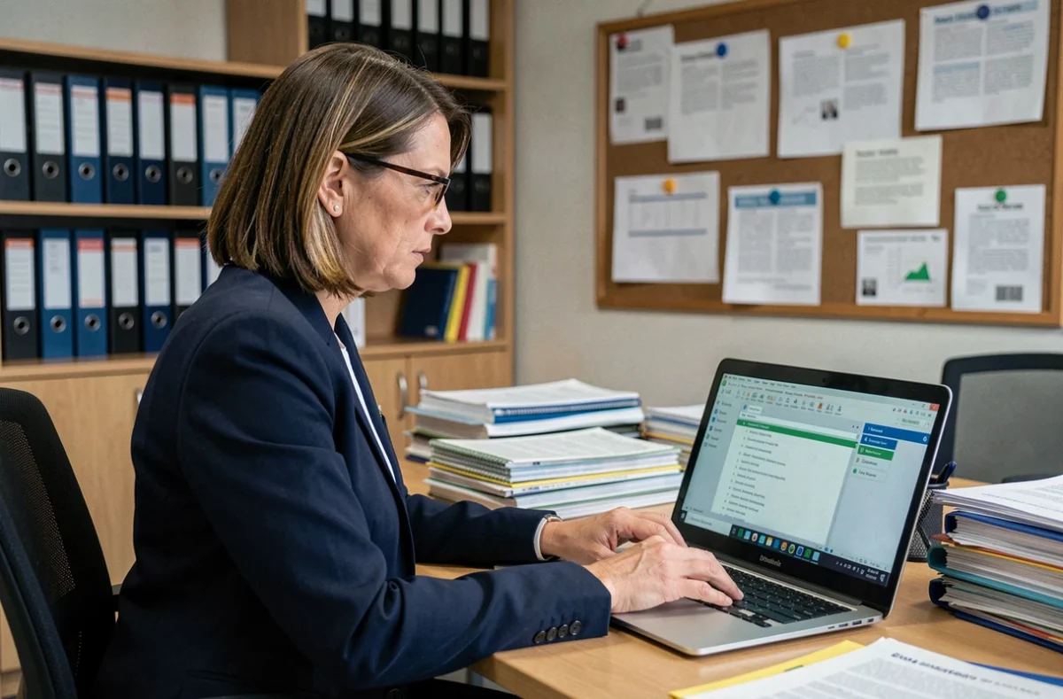 Administratrice scolaire consultant le logiciel SCOLAWEB sur son ordinateur pour le suivi des absences et retards des élèves