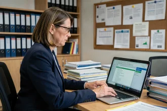 Administratrice scolaire consultant le logiciel SCOLAWEB sur son ordinateur pour le suivi des absences et retards des élèves