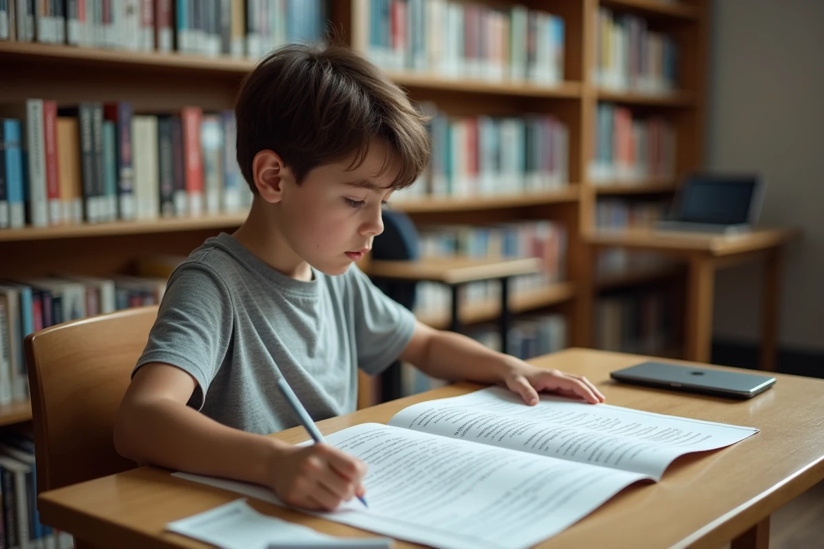 Adolescent étudiant un poster de conjugaison espagnol