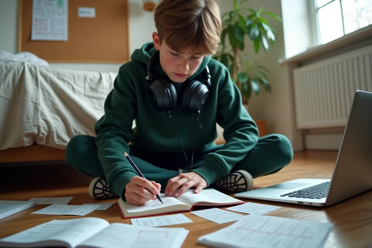 Adolescent surdoué assis par terre dans sa chambre entouré de livres et de fiches, en train de compléter un test de QI sur ordinateur