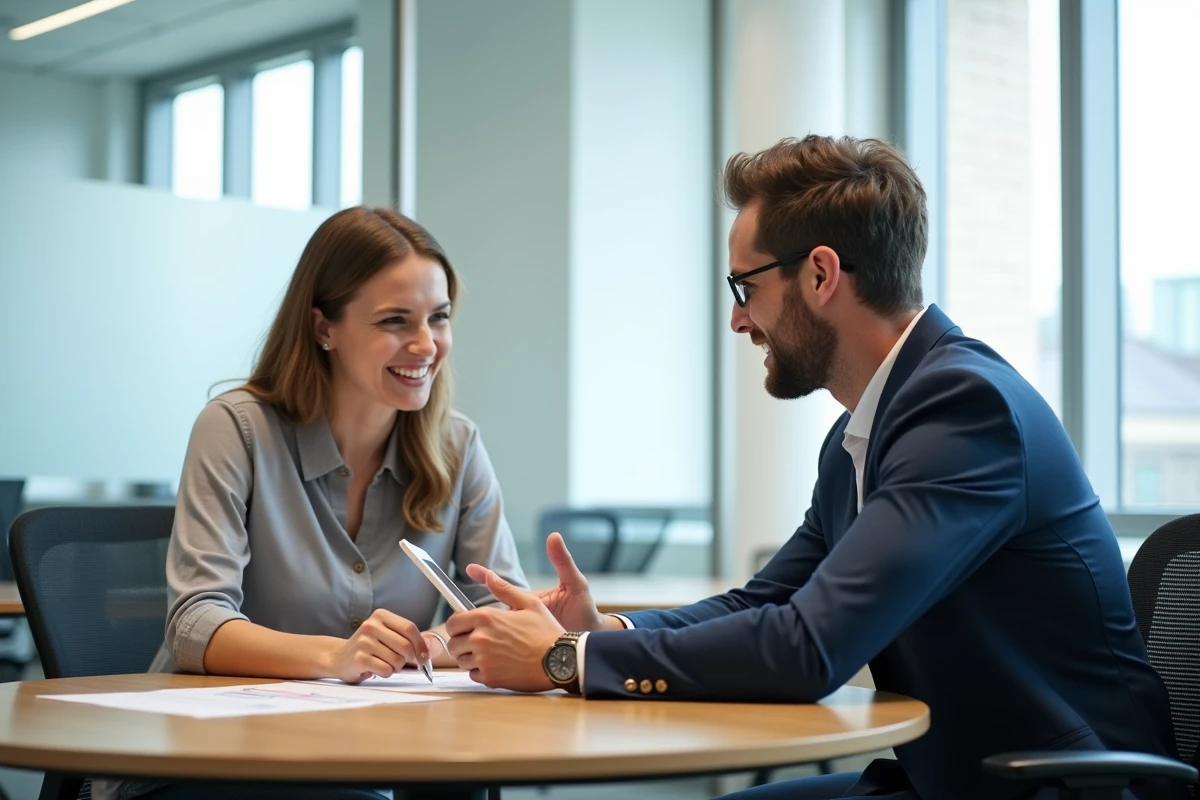 Deux adultes en parcours de formation professionnelle certifiante étudiant ensemble des supports de cours numériques