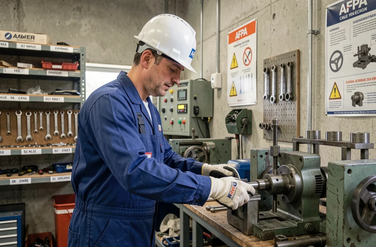Stagiaire AFPA en tenue de travail pratiquant une tâche technique dans un atelier de formation opérationnelle