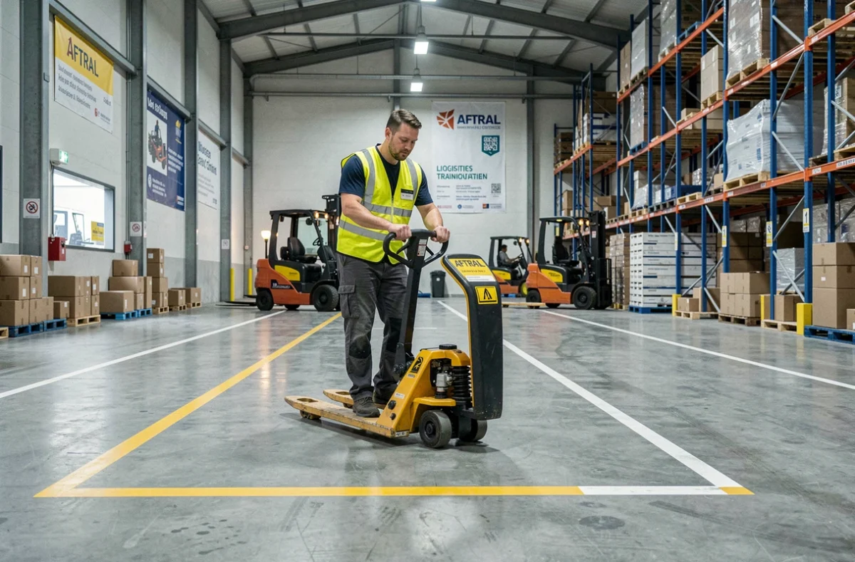 Stagiaire en formation logistique et transport manipulant un chariot dans un entrepôt AFTRAL 22