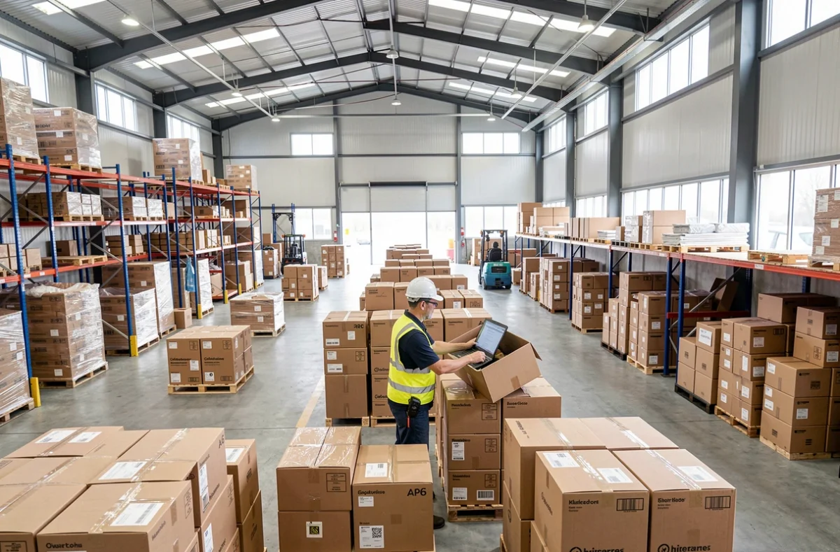 Agent des douanes contrôlant des marchandises dans un entrepôt