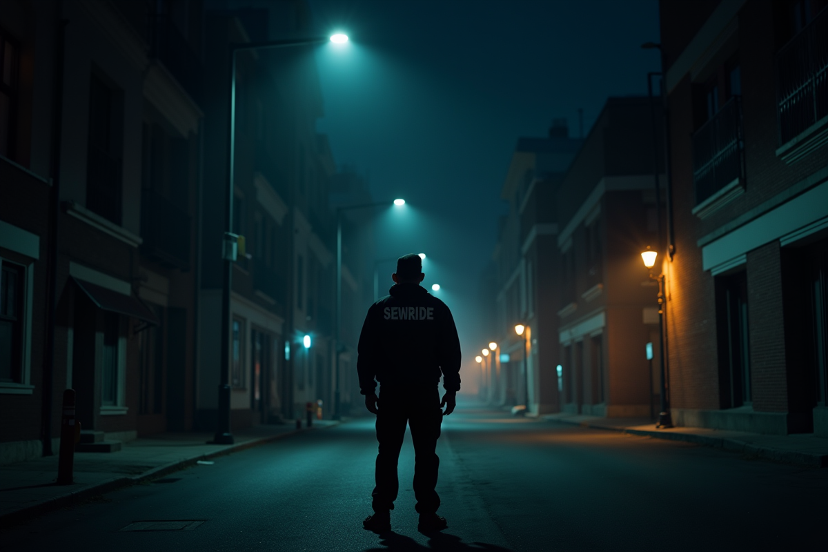 Agent de sécurité patrouillant la nuit devant un bâtiment urbain