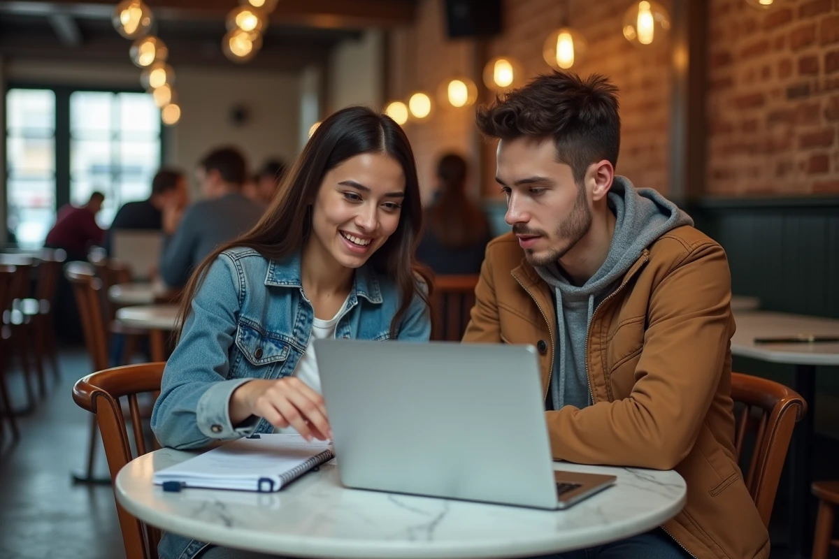 Deux étudiants s'entraidant pour compléter une inscription sur la plateforme e-candidat de la Sorbonne Nouvelle dans un café parisien