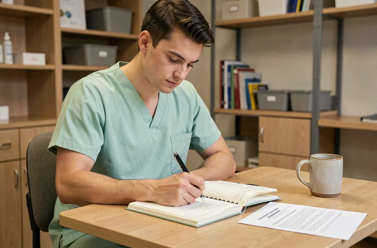 Jeune aide-soignant rédigeant ses objectifs de stage dans un carnet professionnel dans une salle de pause hospitalière