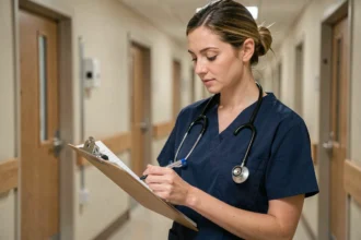 Aide-soignante en tenue bleue consultant un plan de soins sur un porte-documents dans un couloir d'hôpital moderne