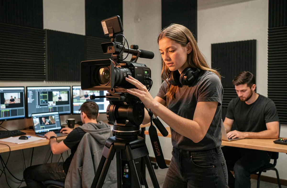 Étudiante en formation audiovisuelle à l'Aix Film Lab opérant une caméra cinéma professionnelle dans un studio de tournage