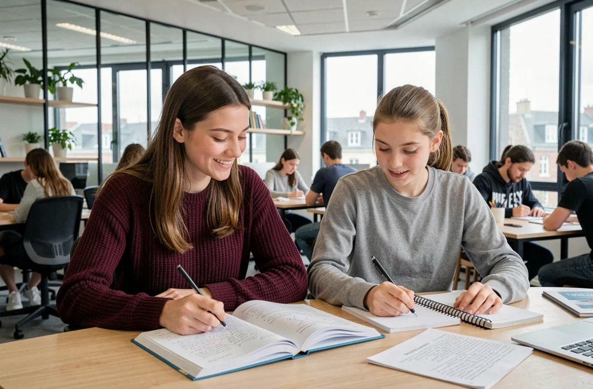 Une tutrice d'Anacours accompagnant une élève en sciences dans un espace d'apprentissage moderne à Nantes