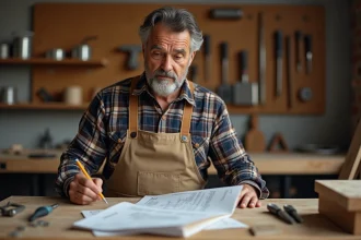 Artisan d'âge mûr consultant une fiche de cours de bricolage en atelier, expression perplexe face aux instructions techniques