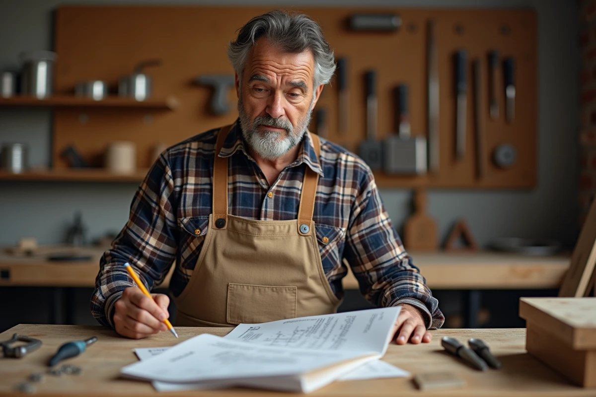 Artisan d'âge mûr consultant une fiche de cours de bricolage en atelier, expression perplexe face aux instructions techniques
