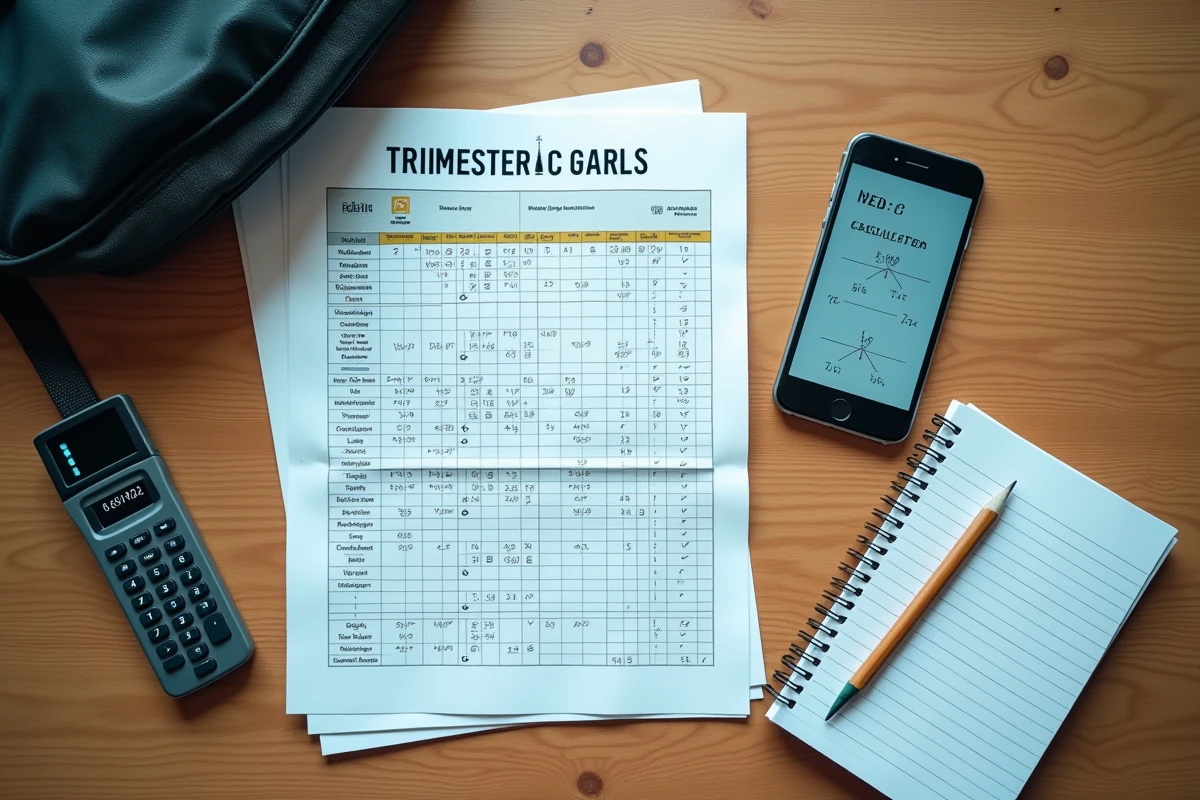Vue aérienne d'un bureau d'étudiant avec bulletin de notes, calculatrice de moyenne en ligne sur smartphone et cahier de coefficients pour le bac