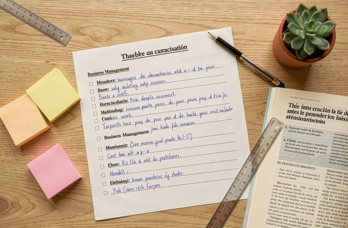 Vue de dessus d'un bureau d'étudiant STMG avec un tableau de caractérisation d'entreprise rempli à la main et des notes de cours
