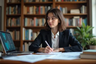 Jeune femme issue d'une filière littéraire préparant son dossier de cadet Air France à son bureau avec des manuels d'aviation et des cartes aéronautiques
