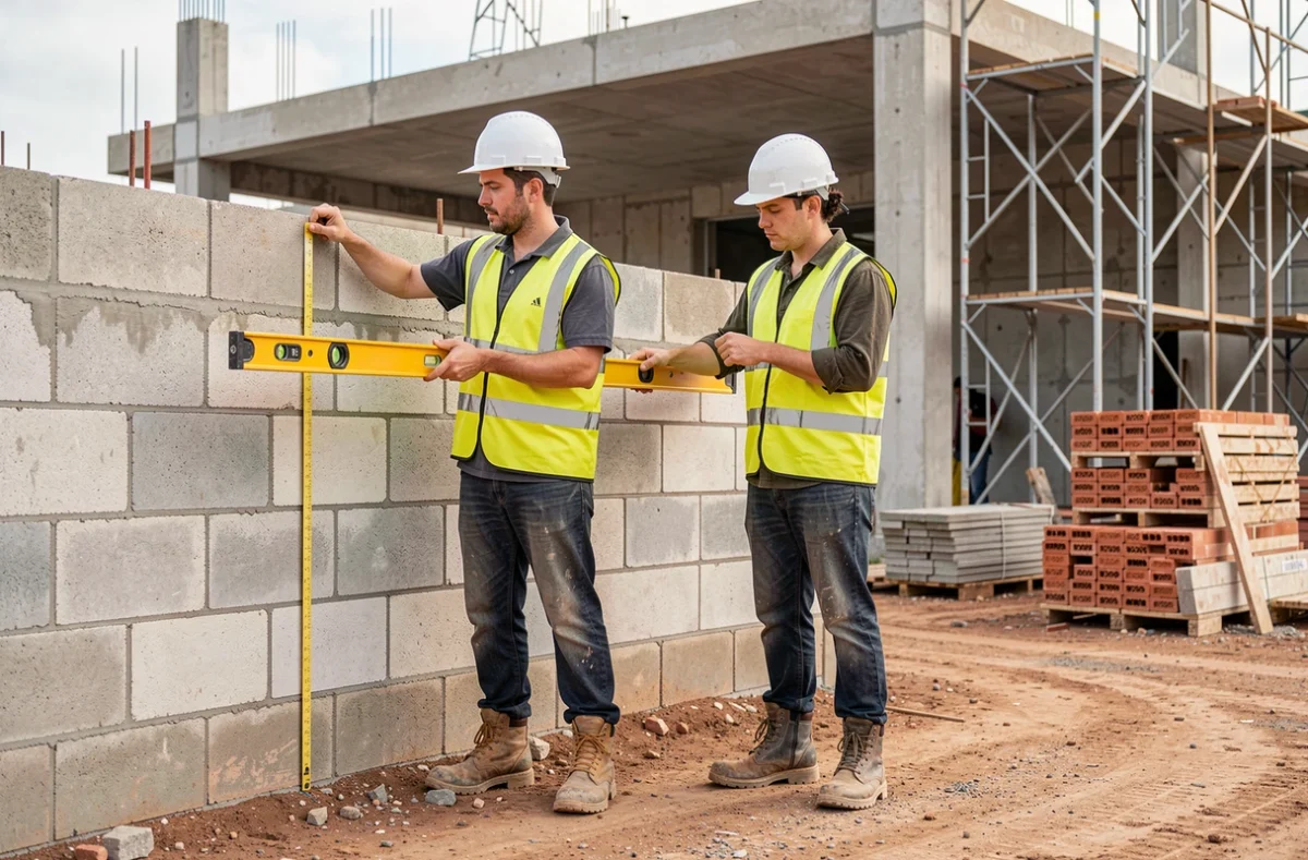 Apprentis du CFA du Bâtiment PACA en tenue de chantier s'entraînant sur un mur de construction