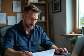 Chauffeur routier consultant les documents de formation FIMO et les tarifs en hausse à son bureau