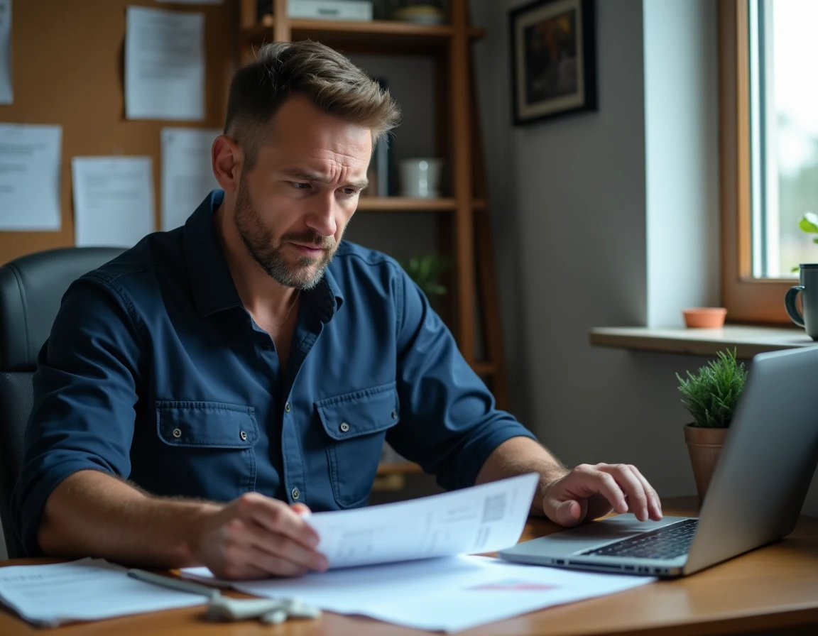 Chauffeur routier consultant les documents de formation FIMO et les tarifs en hausse à son bureau