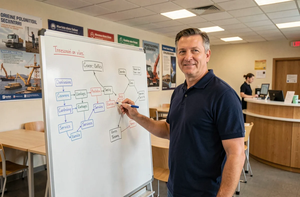 Formateur devant un tableau présentant des parcours de formation professionnelle plurisectorielle au CLPS Saint-Brieuc