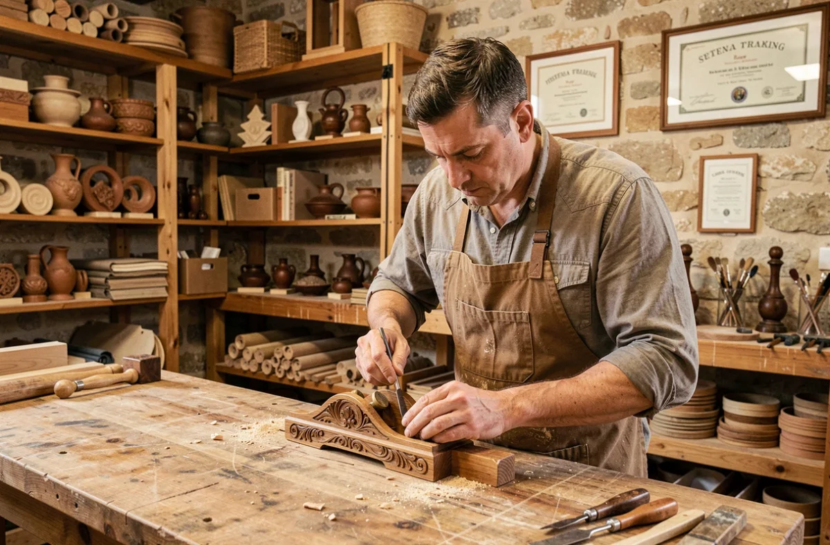 Apprenti artisan de la CMA Provence-Alpes-Côte d'Azur façonnant une pièce en bois dans un atelier artisanal provençal