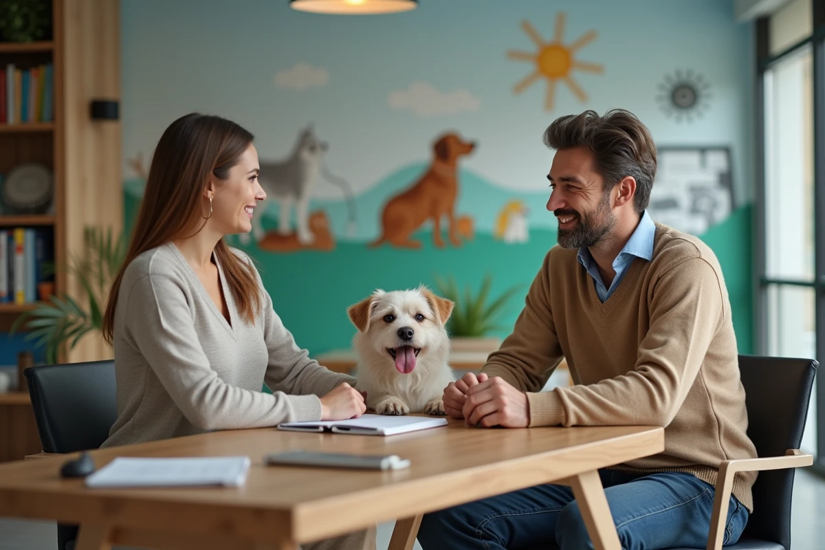 Homme et coach animalier discutant avec un chien au centre de formation