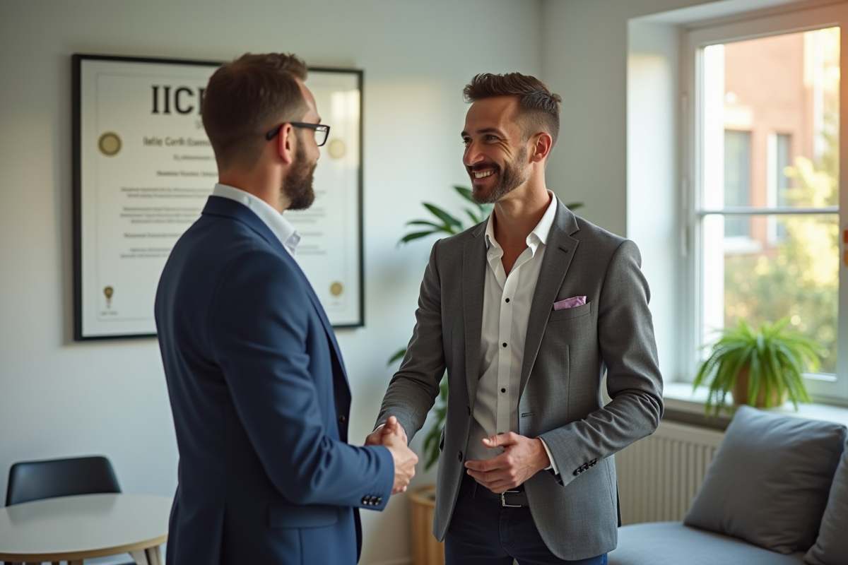 Coach professionnel serrant la main d'un client dans un bureau lumineux