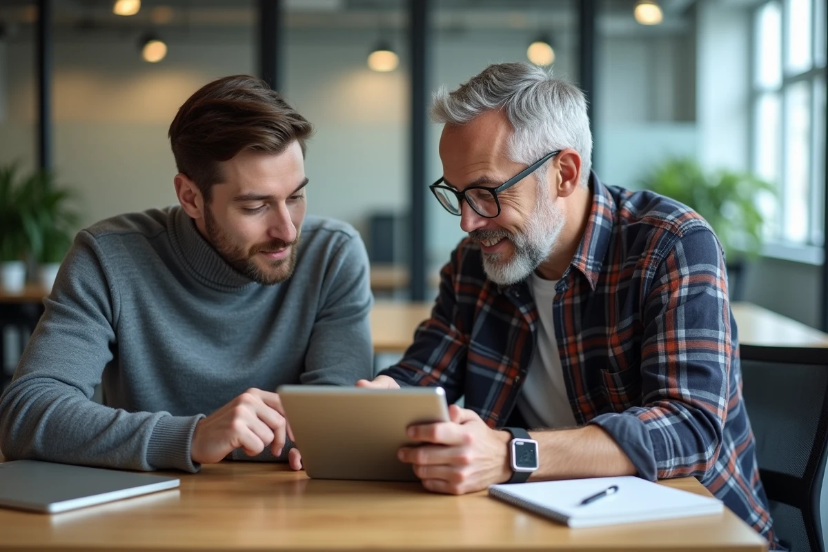 Deux collègues enseignants consultant une plateforme de formation numérique en binôme dans un espace de travail collaboratif moderne