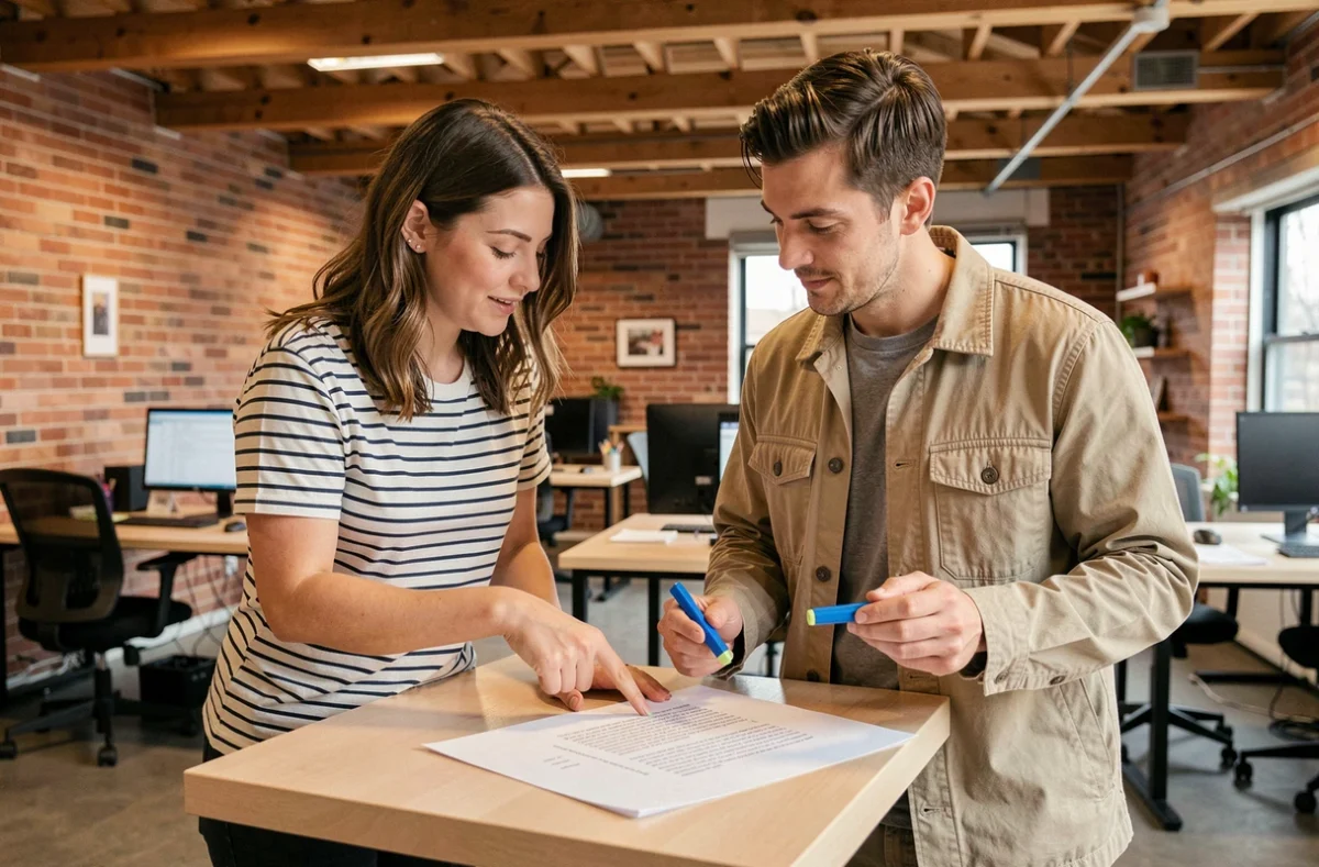 Deux collègues collaborant sur la révision d'un texte imprimé avec des connecteurs de transition, dans un espace de coworking au style industriel