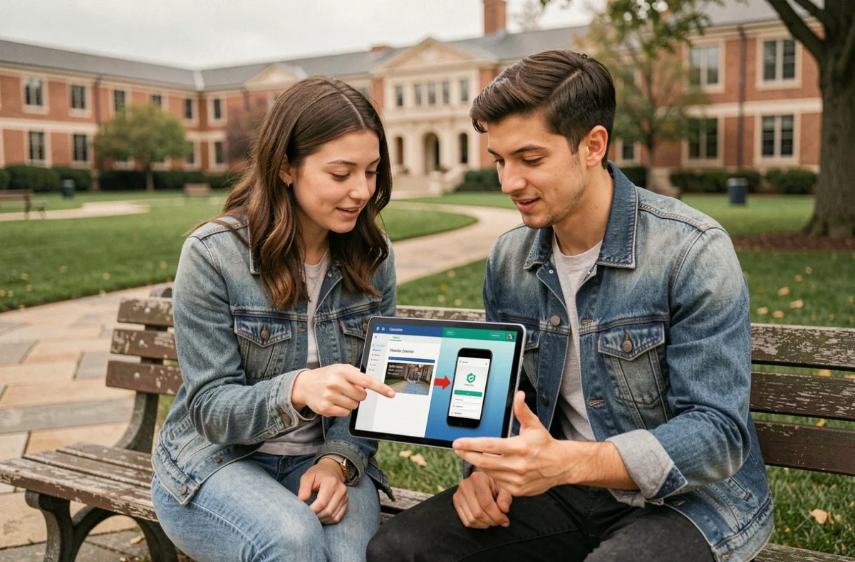 Deux étudiants comparant l'extranet et l'application mobile de leur école sur une tablette en extérieur sur le campus