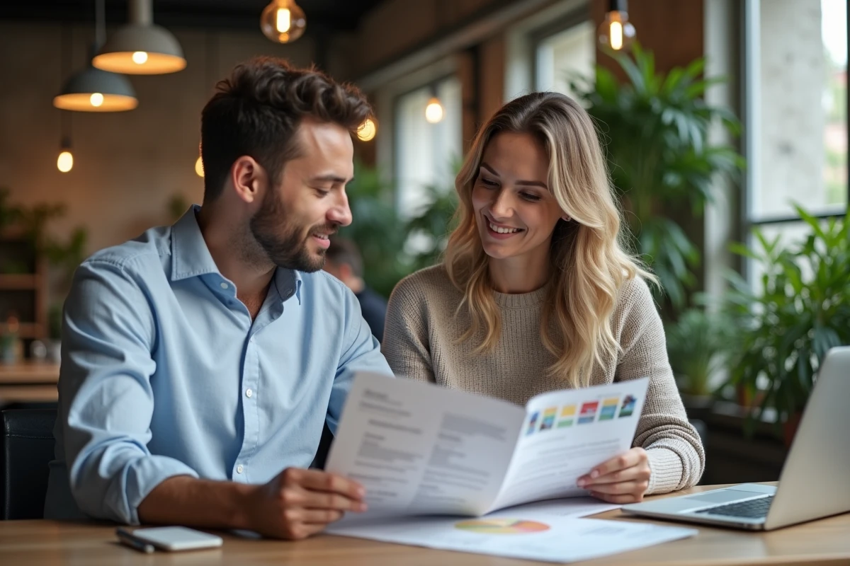 Deux professionnels comparant une formation digitale en ligne et une formation classique en école dans un espace de coworking parisien