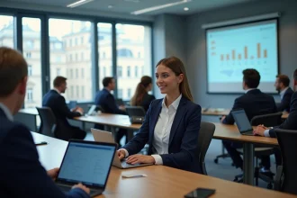 Participante prenant des notes lors d'une conférence de formation digitale à Paris dans une salle moderne avec vue sur les toits haussmanniens