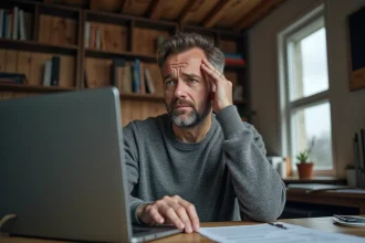 Homme frustré devant un écran d'erreur de connexion en Normandie, assis à un bureau en bois dans un intérieur normand