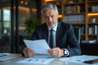 Consultant financier homme en costume analysant des documents