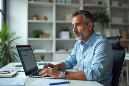 Homme en tenue décontractée au bureau avec ordinateur et documents