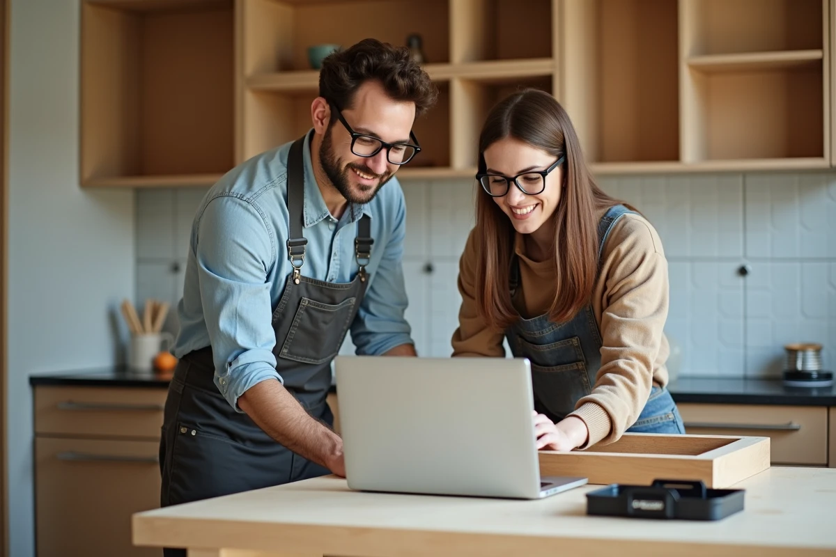 Couple assemblant des meubles de cuisine lors d'une rénovation DIY avec un tutoriel en ligne ouvert sur un ordinateur, illustrant les formations bricolage de bricoludik.fr pour réduire les factures de travaux