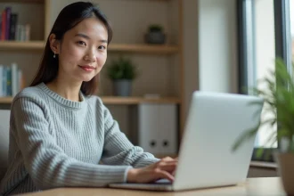 Jeune femme créant son compte candidat sur la plateforme Syclade depuis un bureau à domicile