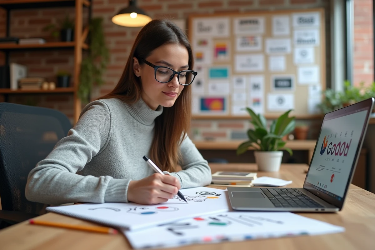 Graphiste créant des ébauches de logo pour une école sur papier dans un studio moderne avec moodboards au mur