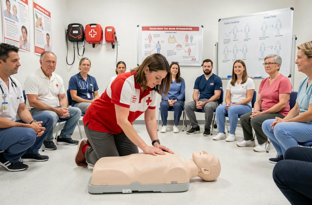 Formatrice Croix-Rouge démontrant les gestes de secourisme et premiers secours à des stagiaires en formation sanitaire