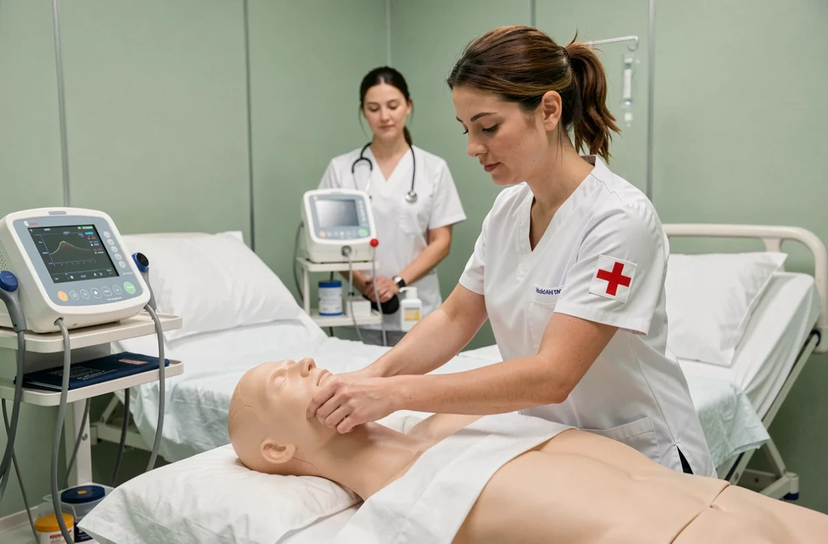 Stagiaire aide-soignante de la Croix-Rouge française pratiquant un soin sur mannequin dans un centre de simulation à Nice