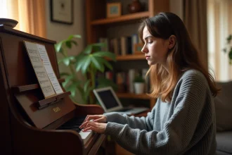 Jeune femme débutante apprenant le piano en ligne depuis chez elle, les mains posées sur le clavier avec une partition et un tutoriel sur ordinateur portable