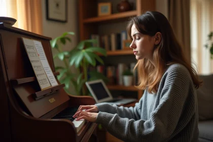 Jeune femme débutante apprenant le piano en ligne depuis chez elle, les mains posées sur le clavier avec une partition et un tutoriel sur ordinateur portable