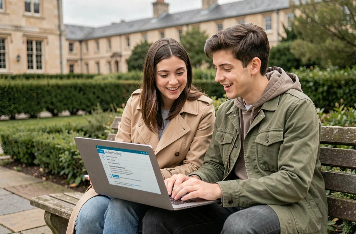 Deux nouveaux inscrits NEOMA explorant ensemble les premières étapes de Neomagora sur un laptop en extérieur sur le campus