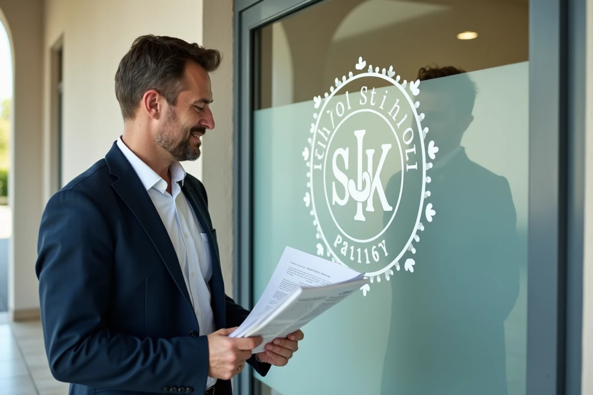 Directeur d'école devant une porte vitrée affichant le nouveau logo de son établissement dans un couloir institutionnel