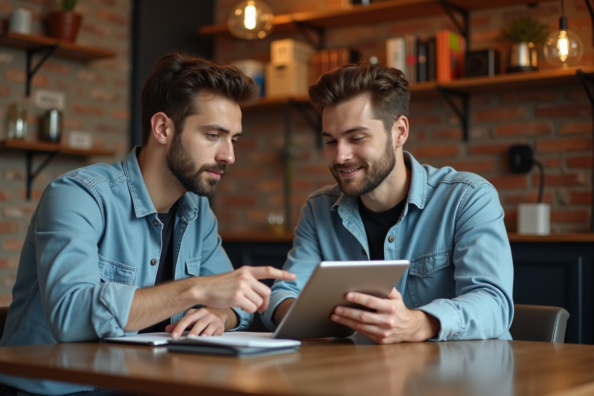 Deux jeunes hommes discutant dans un café cosy
